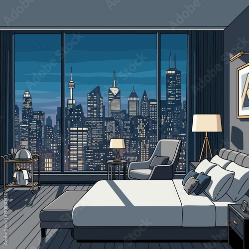 Pixel art hotel room with city skyline view at night