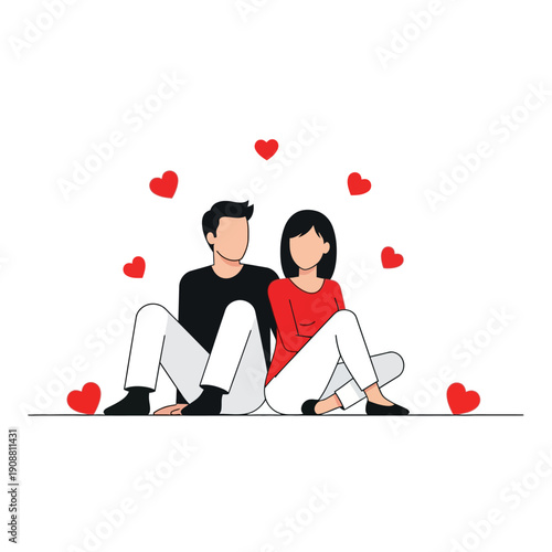 Couple sitting together surrounded by red hearts.