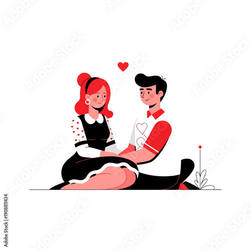 Couple in love sitting together holding hands with heart above them.