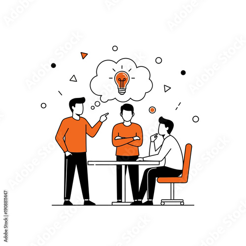 Three men collaborating and brainstorming ideas together at a table.