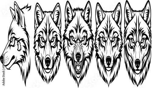 Wolf head vector illustration, black silhouette artwork, animal design graphic, wildlife icon drawing, fierce predator pattern, tattoo decorative style set