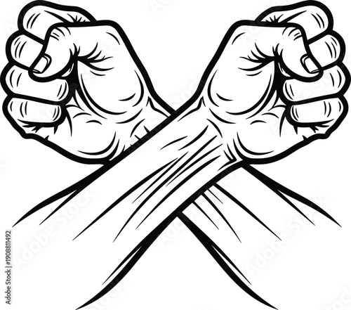 Strong crossed fists illustration symbolizing power, rebellion, unity, resistance, strength and determination in bold black and white line art style.