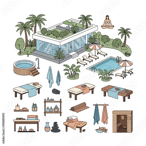 Spa resort complex with pool, hot tub, sauna, massage beds, and yoga