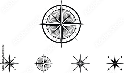 Vintage compass rose navigation symbol, nautical direction star, detailed compass illustration for map design, travel guidance and orientation graphic