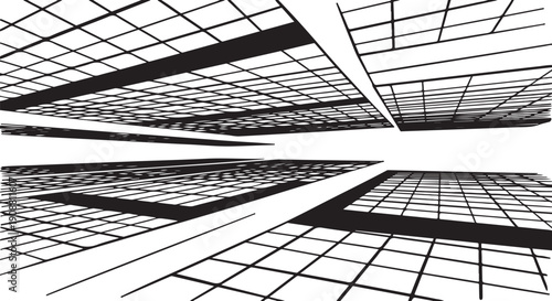 Futuristic architectural design with grid patterns and sharp lines