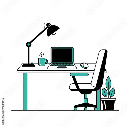 Modern office workspace with laptop and office supplies.