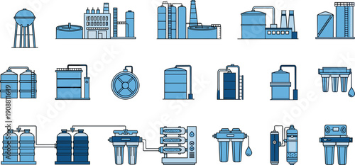 Water treatment plant icons, industrial filtration system illustrations, storage tanks and purification equipment, wastewater facility structures and clean water technology set