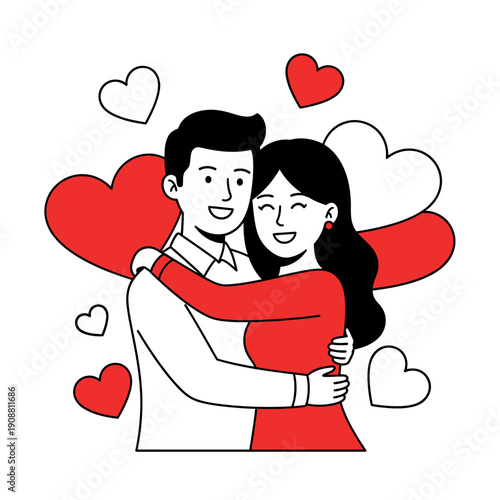 Couple Embracing with Love Hearts Surrounding Them.