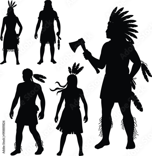 Indigenous tribal warrior silhouettes vector set, native people in traditional feather costumes holding tools, cultural heritage illustration for history, education, festival design