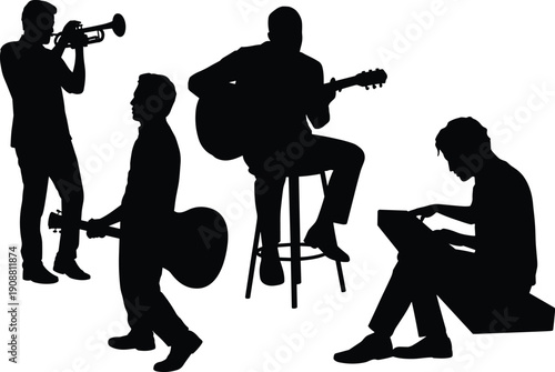 Music band silhouettes vector set, musicians playing trumpet, guitar and keyboard, isolated artist performers collection for concert poster, entertainment branding illustration
