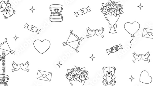 Valentine's Day Doodle Seamless Pattern Hearts, Doves, Roses, Teddy Bears, and Candy