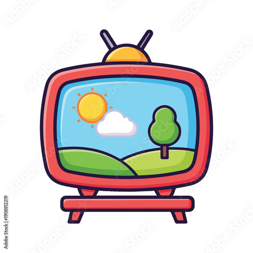 Retro TV showing landscape cartoon illustration
