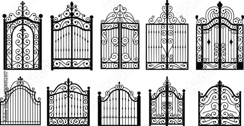 Ornate wrought iron gate black silhouette set, decorative vintage metal garden and entrance doors collection, classic fence vector illustration isolated on white background