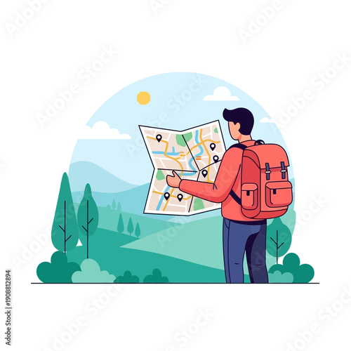Man with backpack reading map in scenic landscape, travel planning