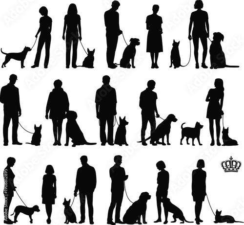People and dogs silhouette collection, pet owners walking training playing with dogs isolated black human canine vector illustration set bundle premium design