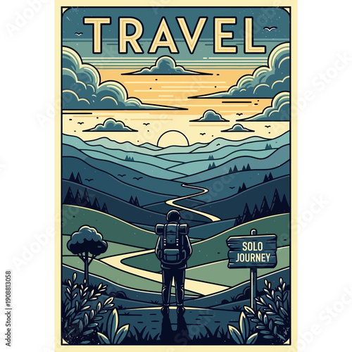 Traveler with backpack on solo journey, vintage landscape poster style