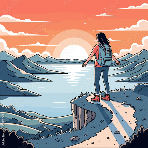 Woman hiker on cliff edge watching sunrise over lake and mountains