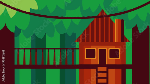 Cozy treehouse in forest with wooden bridge and lush greenery