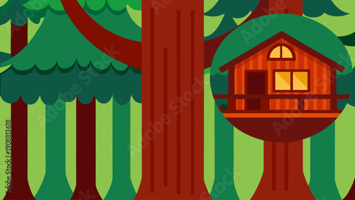 Cozy treehouse nestled in forest with warm glowing windows