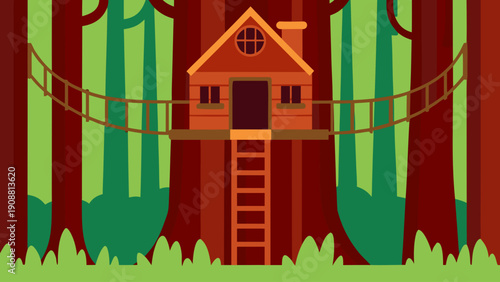 Cozy treehouse in forest with suspension bridge and ladder