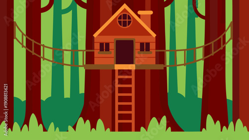 Cozy treehouse in forest with suspension bridge and ladder