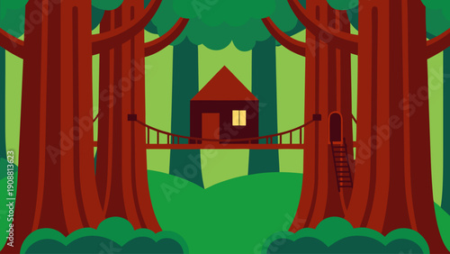 Cozy treehouse nestled in serene forest with suspension bridge