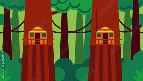 Whimsical treehouses nestled in vibrant forest with lush greenery