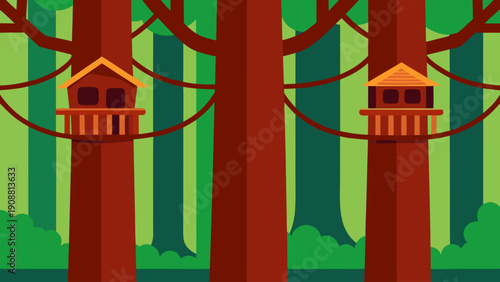 Cozy treehouses nestled in vibrant forest with lush greenery