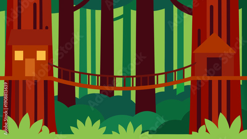 Cozy treehouse bridge in vibrant forest landscape