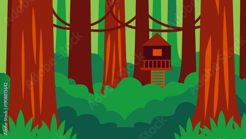 Vibrant treehouse nestled among tall trees in lush forest setting