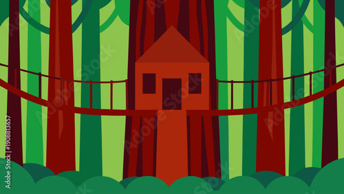 Vibrant treehouse in lush forest with suspension bridge