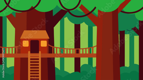 Vibrant treehouse with suspension bridge in lush forest setting