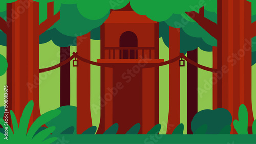 Mystical forest treehouse with suspension bridges