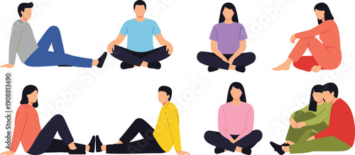 Group of people sitting illustration, diverse casual poses, relaxing characters artwork, modern flat design, social interaction concept graphic