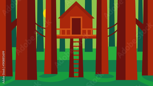 Vibrant treehouse nestled among tall trees in serene forest setting