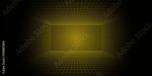 Futuristic perspective grid box. Abstract wireframe with white grid line on black background. Virtual reality landscape in 80s 90s digital style. Vector illustration.