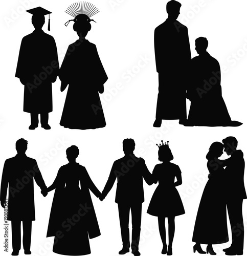 People silhouette vector set, graduation wedding couples family figures, human relationships and life ceremonies, black flat design illustration isolated