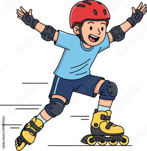 Happy child roller skating with protective gear, helmet, knee pads, elbow pads, active kid sports illustration, outdoor fun activity artwork