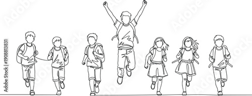 Happy school children running together in line art style, joyful kids outdoors, group of students celebrating and enjoying childhood freedom