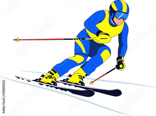 Skier in blue and yellow gear.