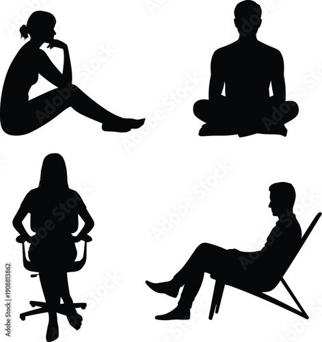 People sitting silhouettes, meditation yoga poses, office chair seating, calm thinking postures, modern human lifestyle vector illustration collection, minimal black design set