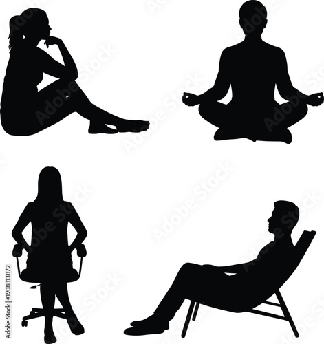 People sitting silhouettes collection, meditation yoga poses, office chair seating, relaxed thinking postures, modern human lifestyle vector illustration, black minimal design