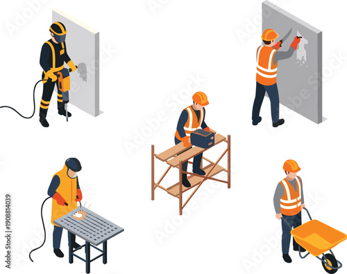 Isometric construction workers using tools, jackhammer, welding, plastering wall, scaffolding assembly, wheelbarrow, industrial builder labor equipment illustration set