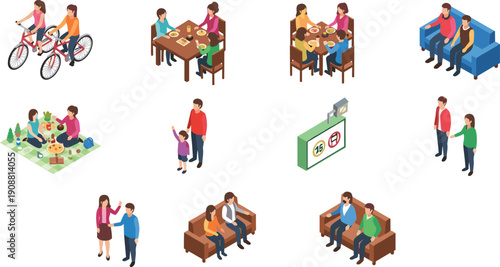 Isometric family activities illustration, people cycling, eating together, picnicking, walking, sitting on couch, parent and child bonding lifestyle scenes