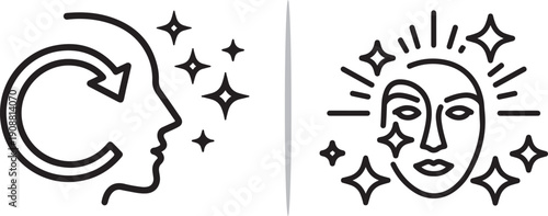 A dual-pane graphic featuring a black profile silhouette with a refresh arrow and stars on the left, and a detailed line-art face emitting radiant light and sparkles on the right.