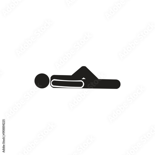 Icon image of a person lying on the floor. Silhouette illustration generally depicts the activity of lying down, resting, or lazing around in a relaxed position, often on a bed, sofa, or floor.