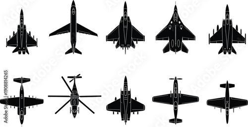 Military aircraft silhouettes, fighter jet top view icons, airplane aviation set, helicopter and jet outline collection for aerospace illustrations