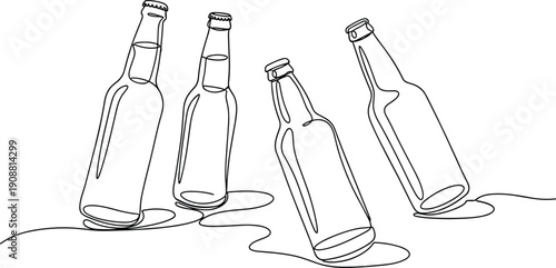 Line art illustration of empty beer bottles standing upright and tilted, minimalist continuous one line drawing of alcoholic drink containers.