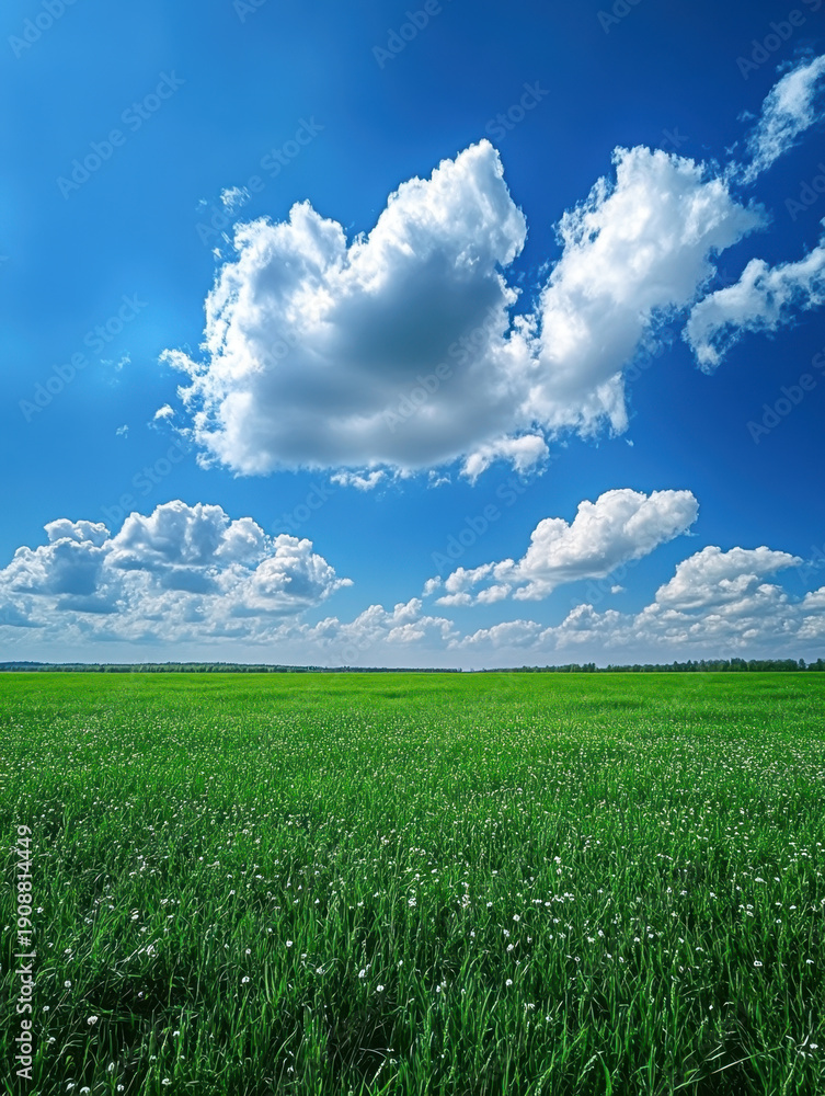 Obraz premium Green lawn, in the background, there is a huge white cloud in the blue sky. But the ratio of the sky is greater than that of the green lawn.