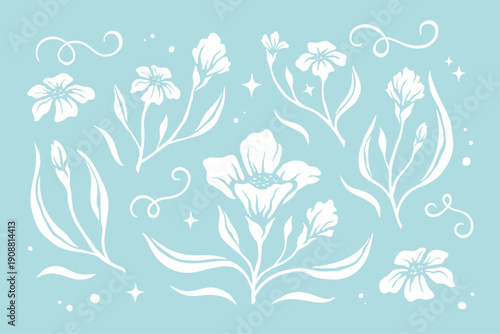 Hand drawn floral botanical isolated elements on blue background. Vintage inspired flower vector illustration set. Bridal, cottagecore, romantic design elements.